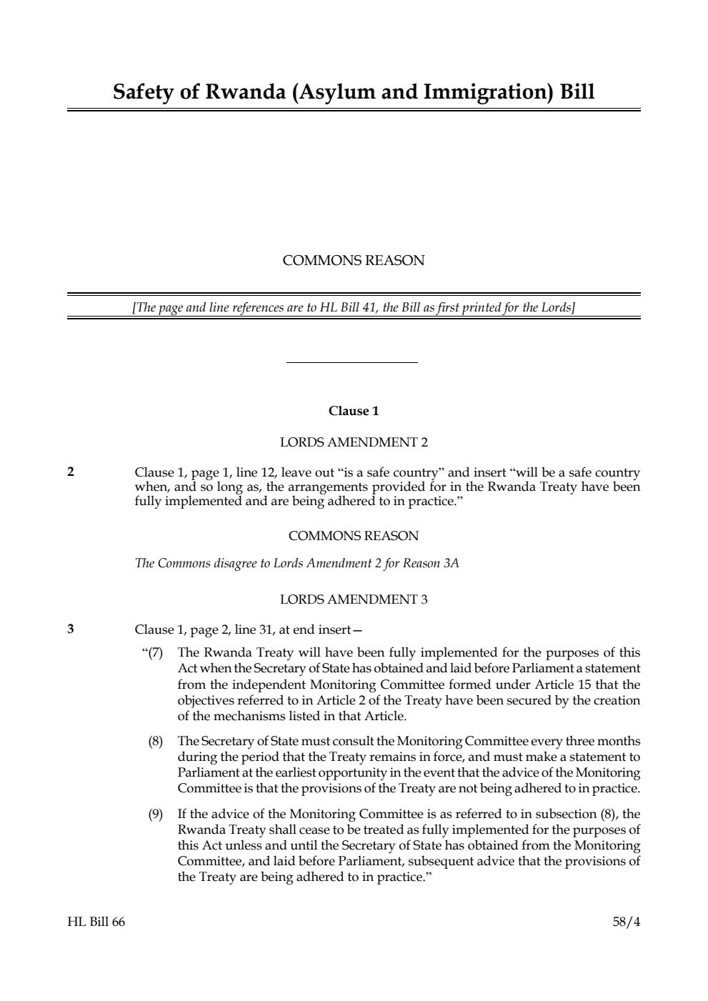 Safety of Rwanda (Asylum and Immigration) Bill Commons reason