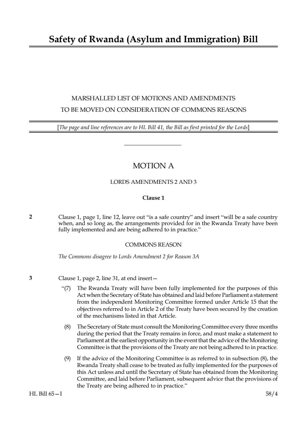 Safety of Rwanda (Asylum and Immigration) Bill Marshalled List of motions and amendments to be moved on consideration of Commons reasons