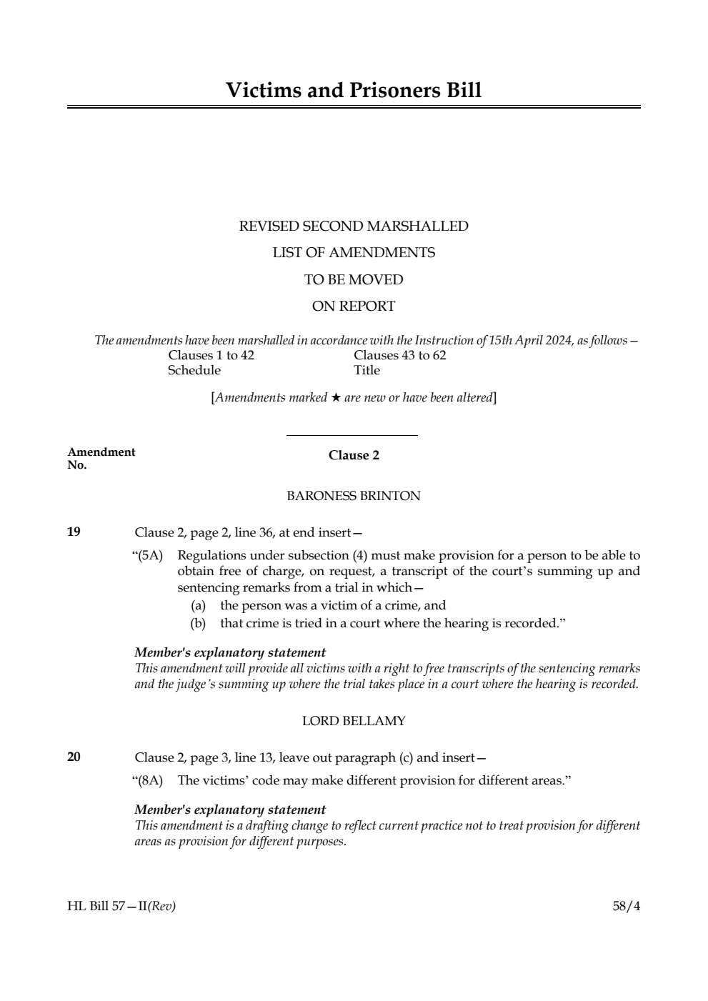 Victims and Prisoners Bill Revised second Marshalled List of amendments to be moved on report