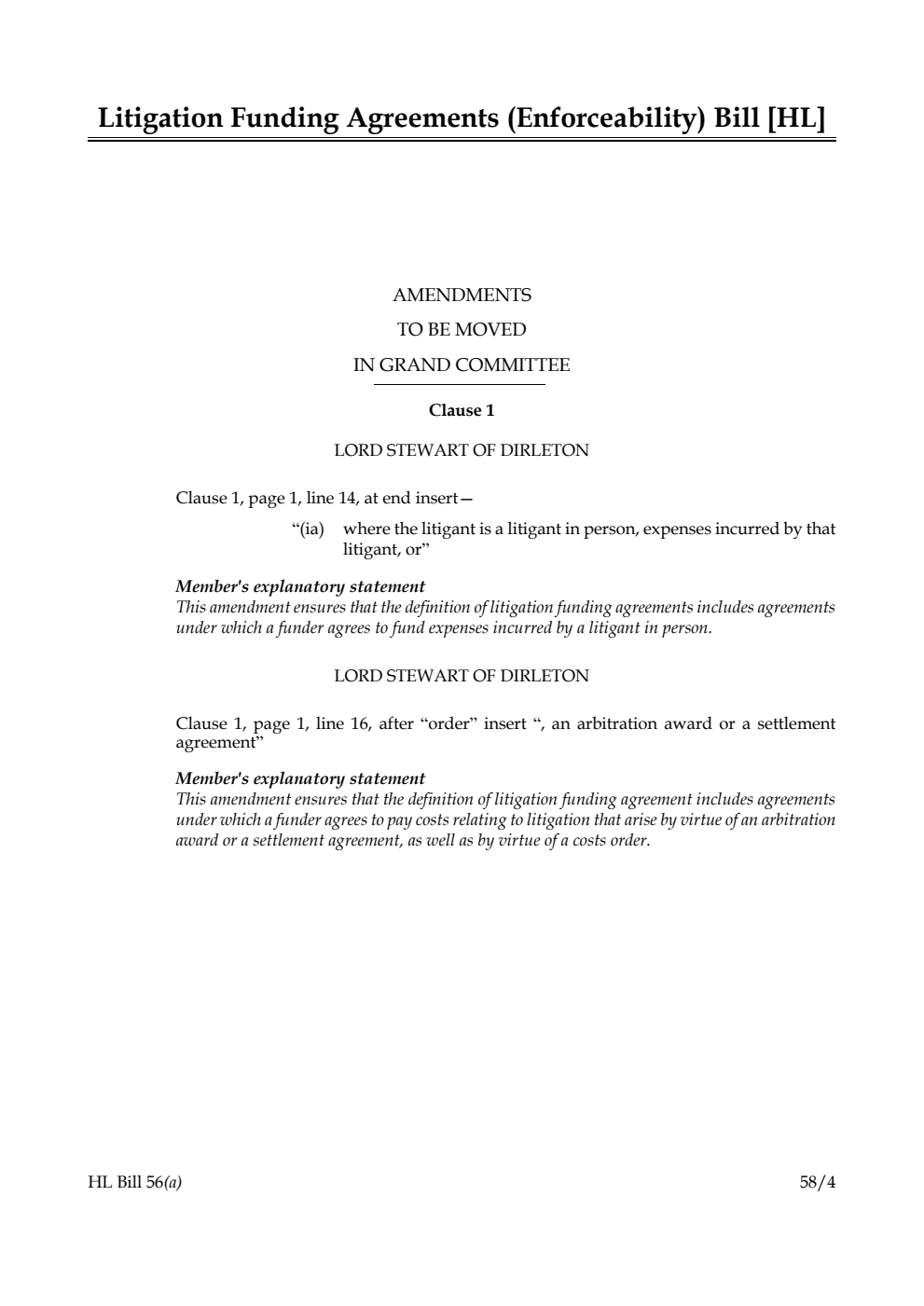 Litigation Funding Agreements (Enforceability) Bill Amendments to be moved in Grand Committee