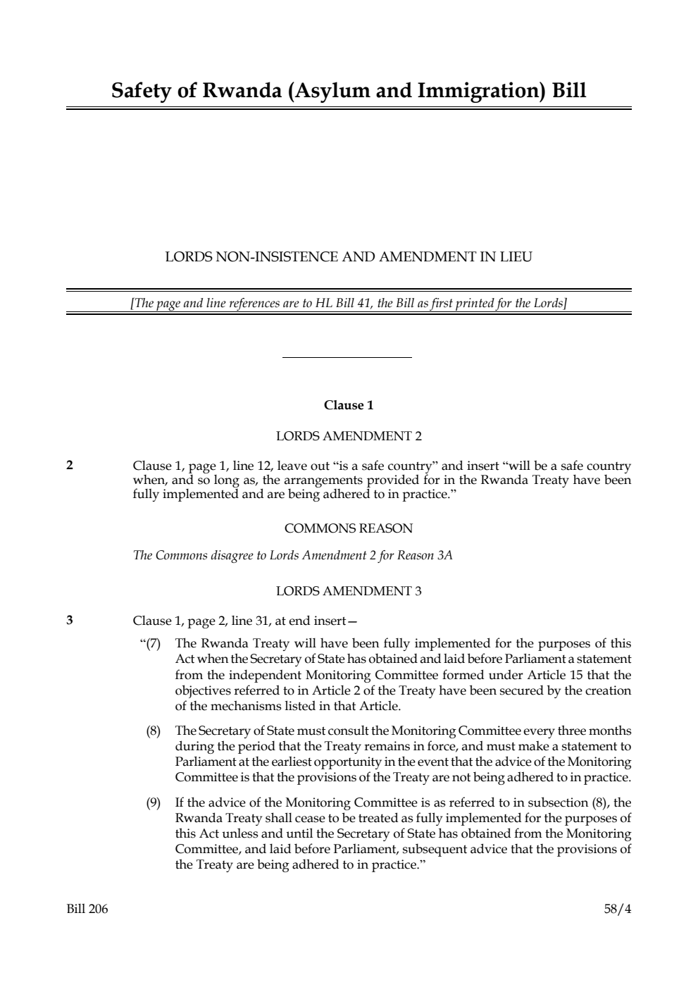 Safety of Rwanda (Asylum and Immigration) Bill Lords non-insistence and amendment in lieu
