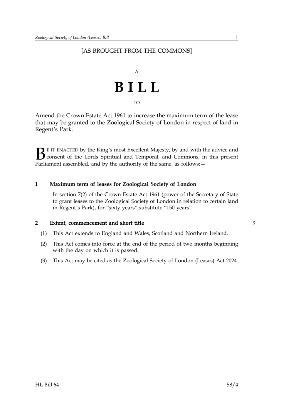 Zoological Society of London (Leases) Bill [as brought from the Commons]
