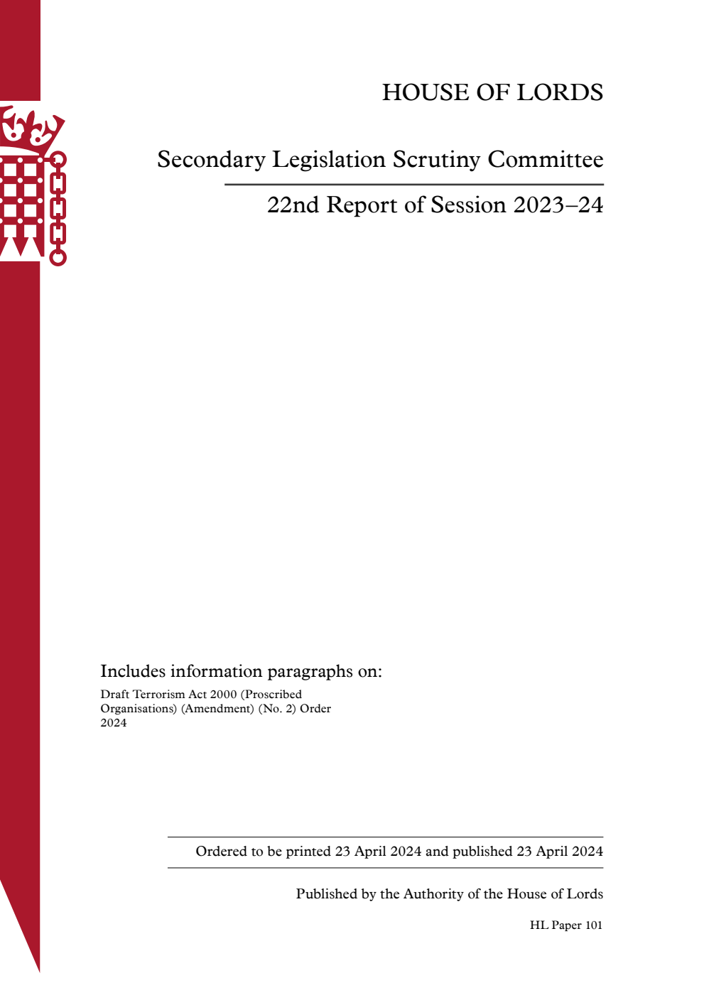 Secondary Legislation Scrutiny Committee 22nd Report of Session 2023–24
