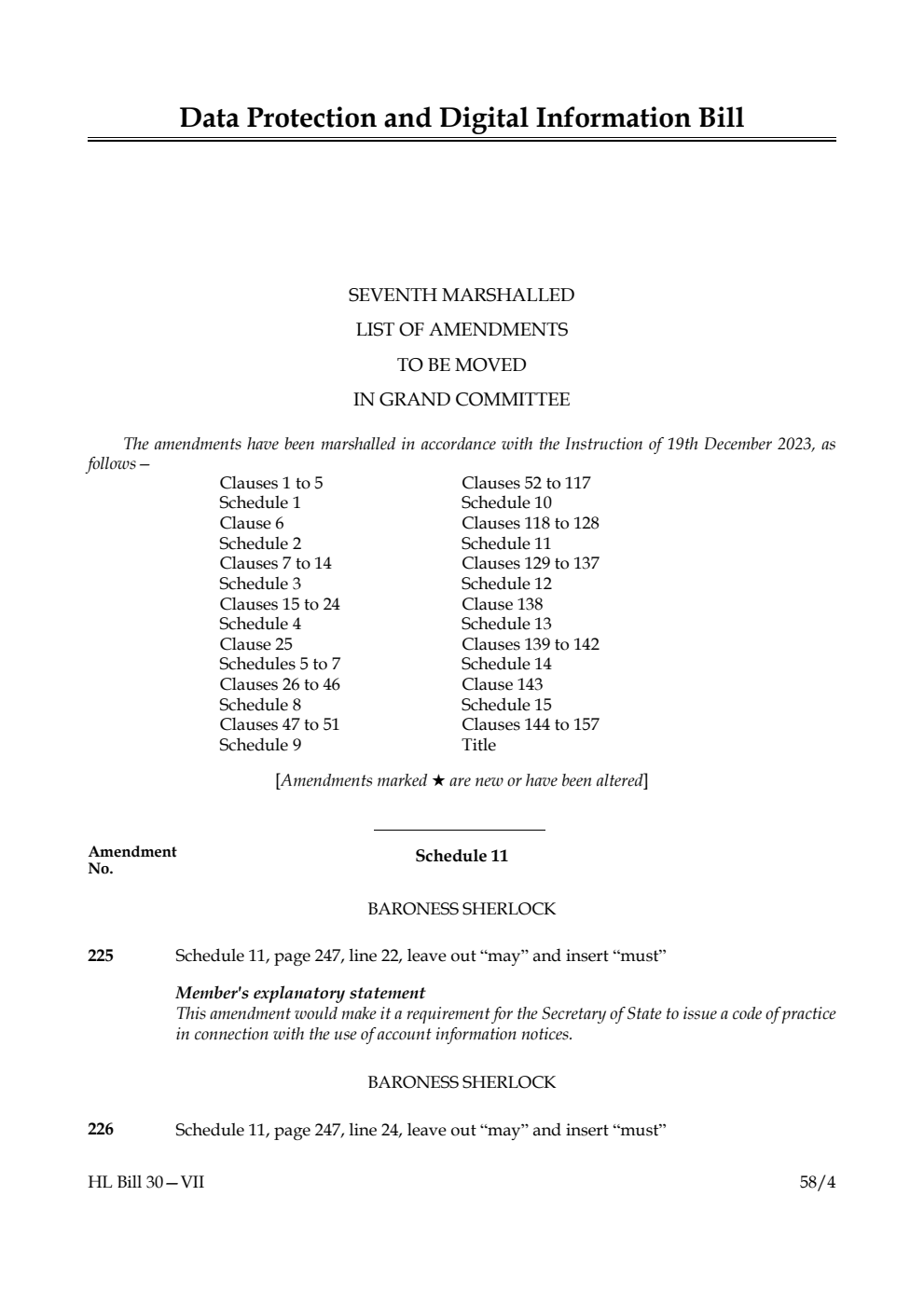 Data Protection and Digital Information Bill Seventh Marshalled List of amendments to be moved in Grand Committee