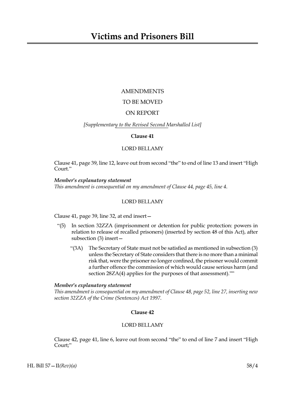 Victims and Prisoners Bill Amendments to be moved on report [Supplementary to the Revised Second Marshalled List]