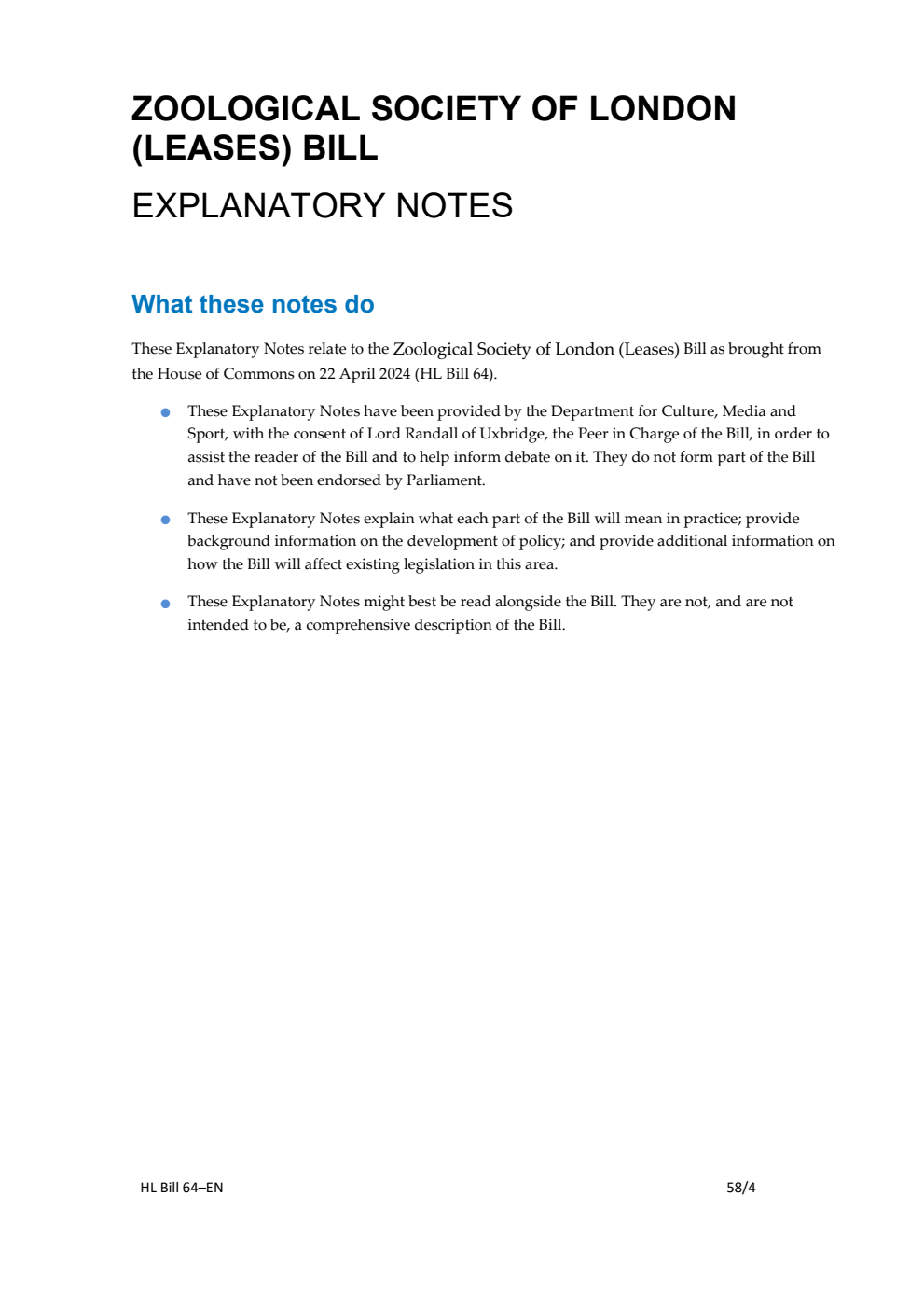 Zoological Society of London (Leases) Bill Explanatory Notes