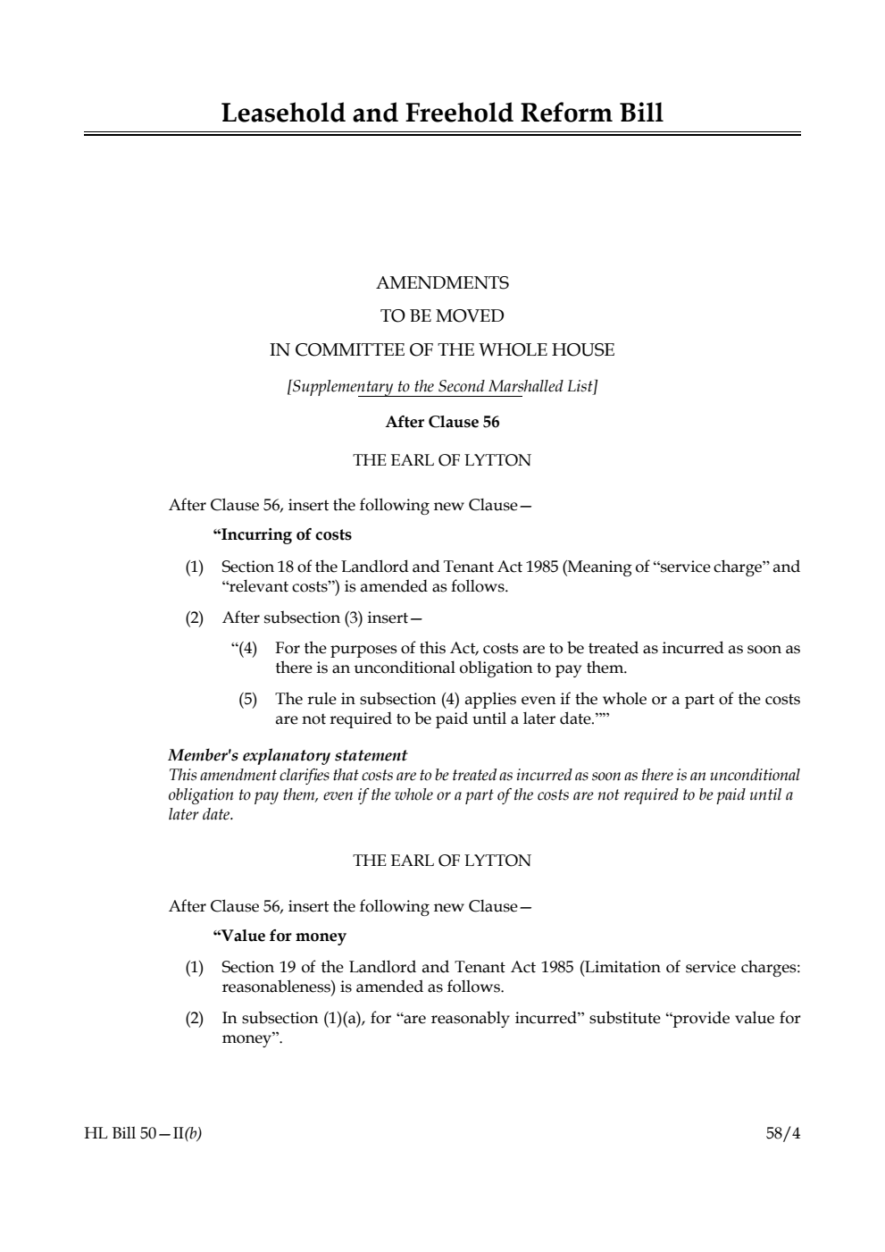 Leasehold and Freehold Reform Bill Amendments to be moved in Committee of the Whole House [Supplementary to the Second Marshalled List] 