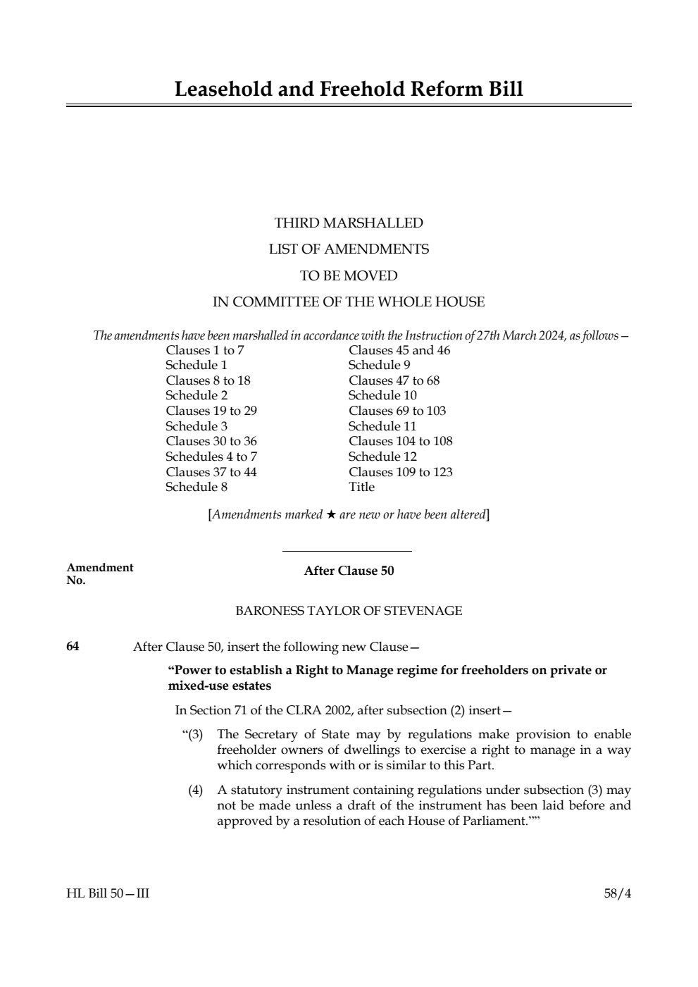 Leasehold and Freehold Reform Bill Third Marshalled List of amendments to be moved in Committee of the Whole House