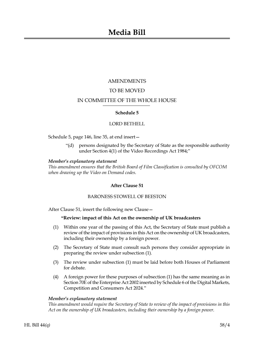 Media Bill Amendments to be moved in Committee of the Whole House