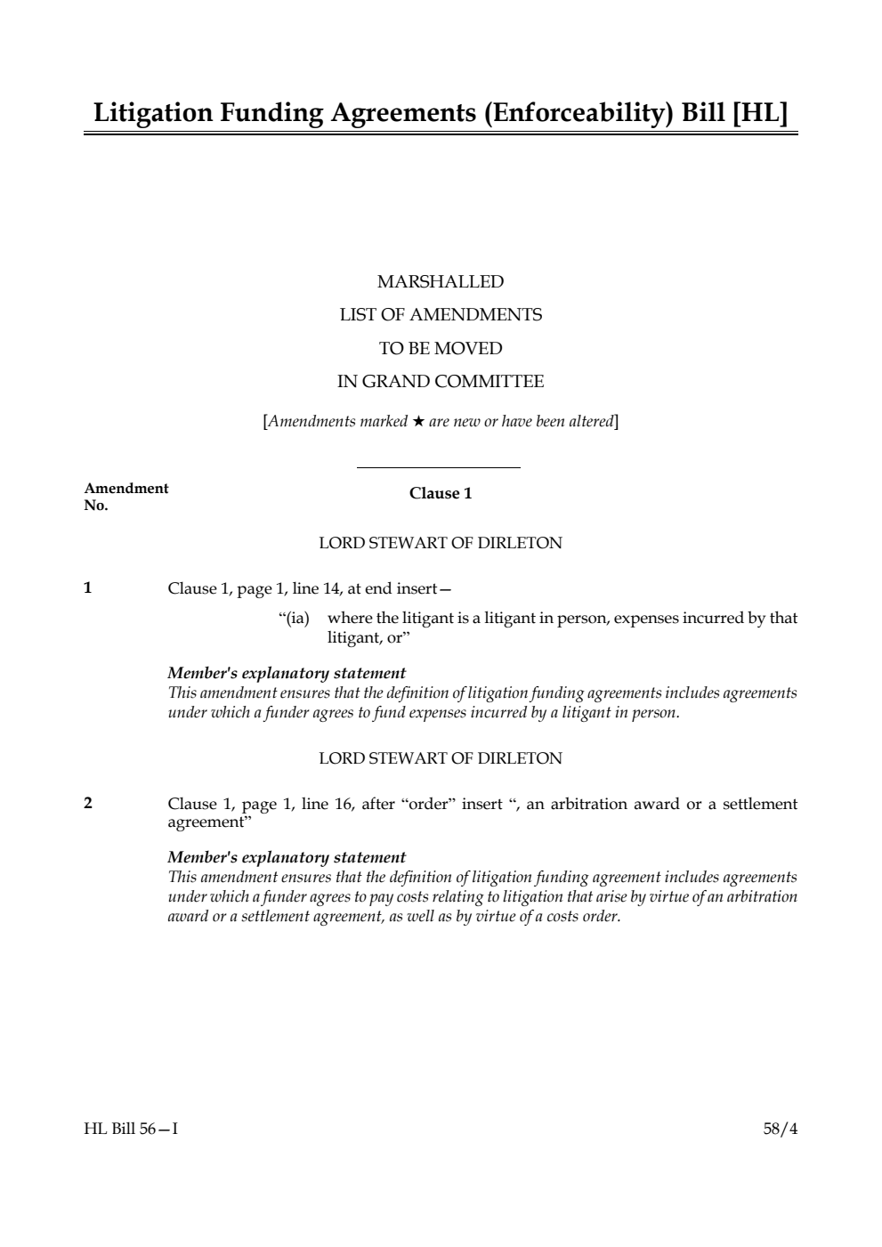 Litigation Funding Agreements (Enforceability) Bill Marshalled List of amendments to be moved in Grand Committee