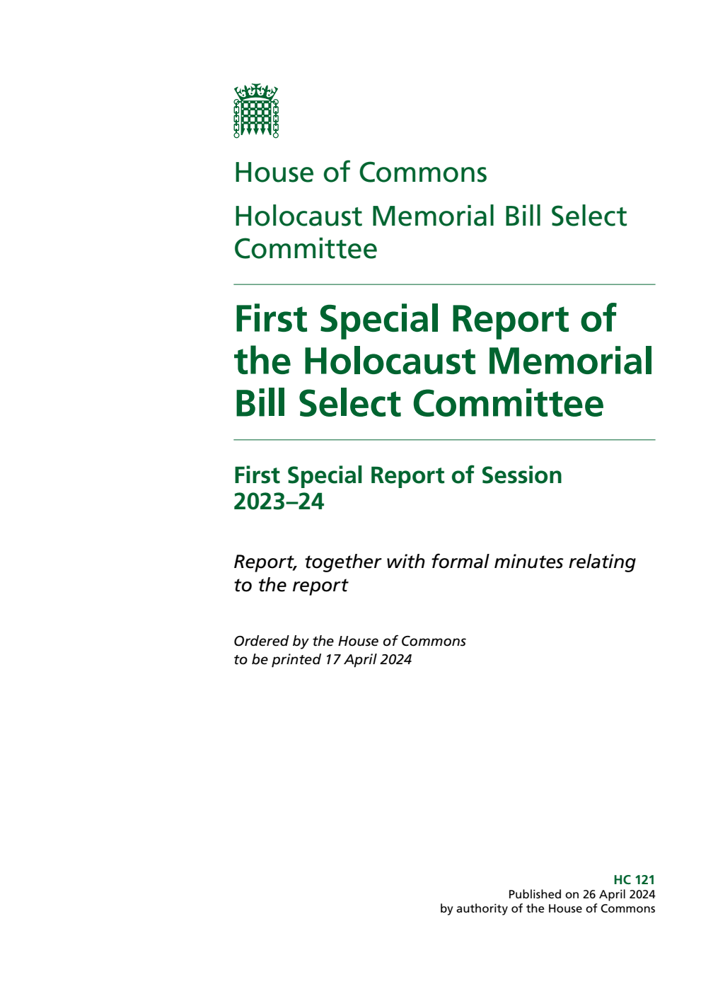 Holocaust Memorial Bill Select Committee 1st Special Report Volume 1. Report