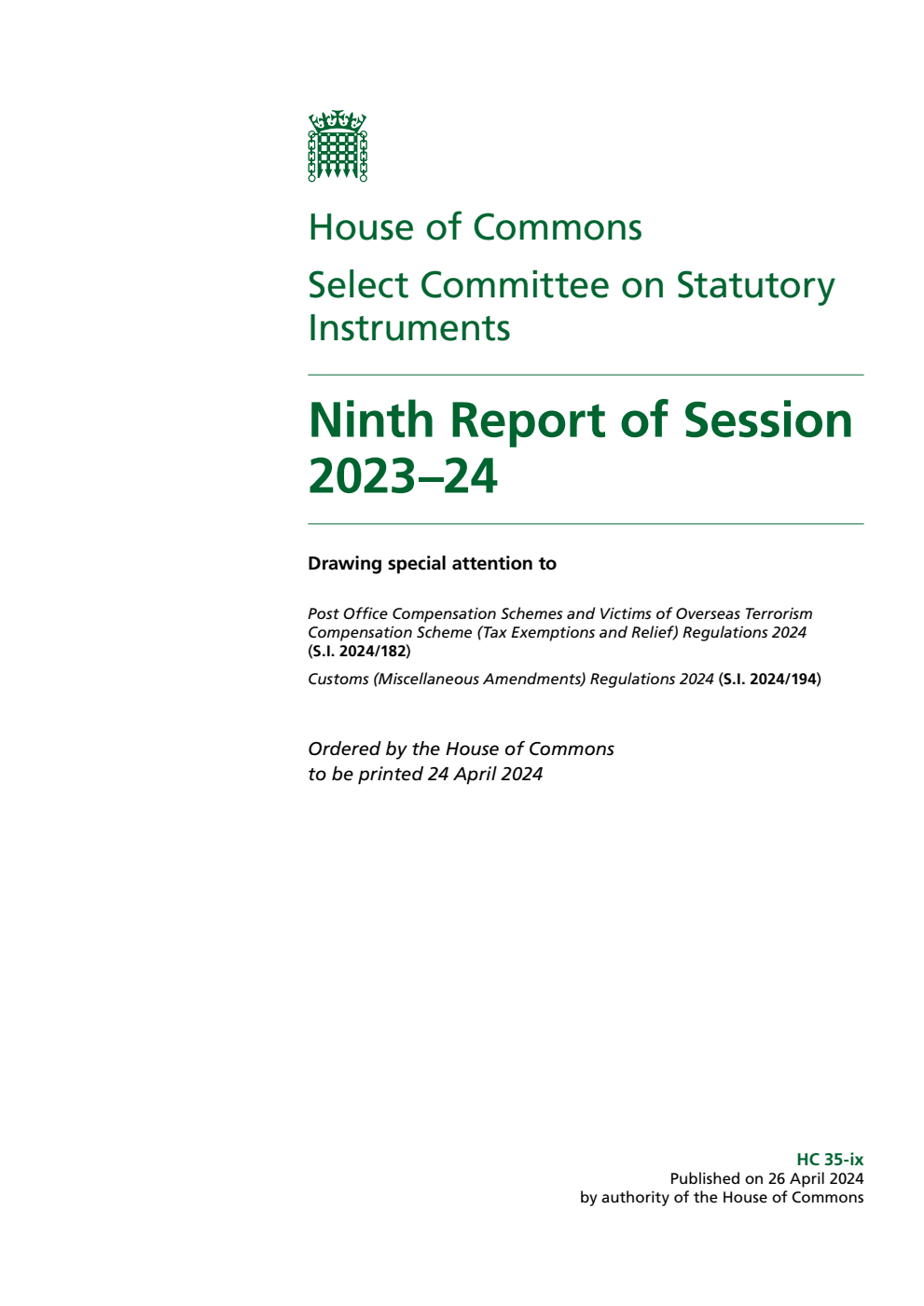 Statutory Instruments Committee 9th Report of Session 2023-24