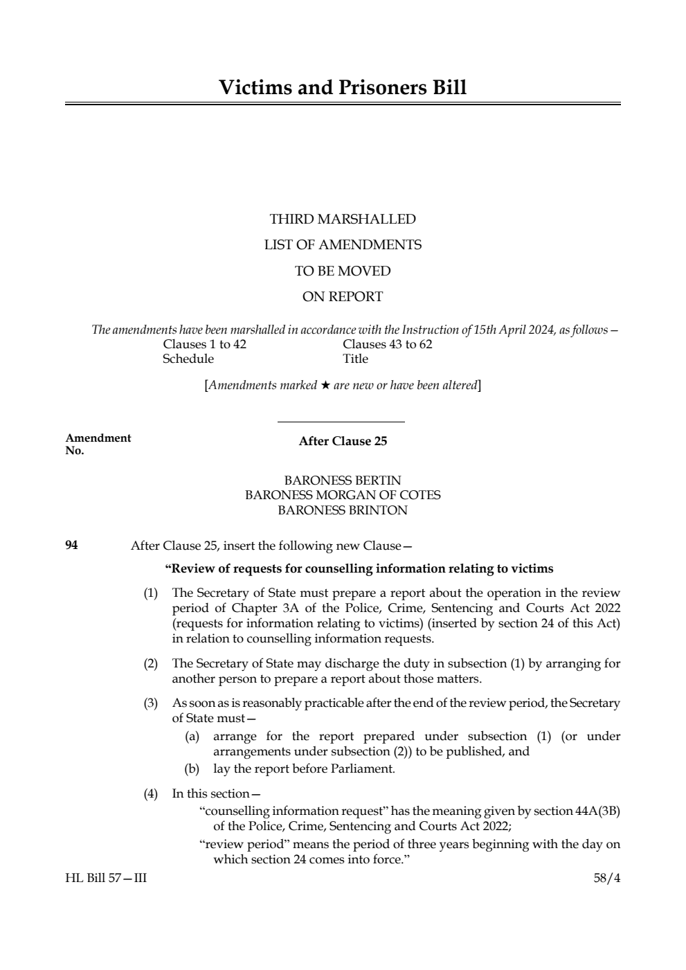 Victims and Prisoners Bill Third Marshalled List of amendments to be moved on report