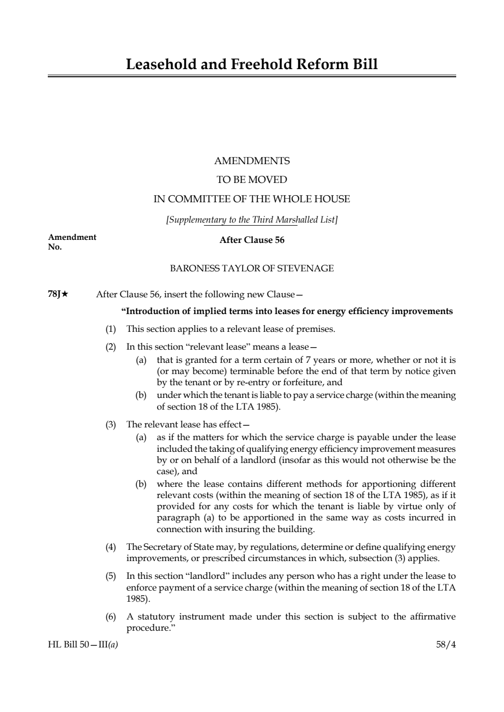 Leasehold and Freehold Reform Bill Amendments to be moved in Committee of the Whole House [Supplementary to the Third Marshalled List]