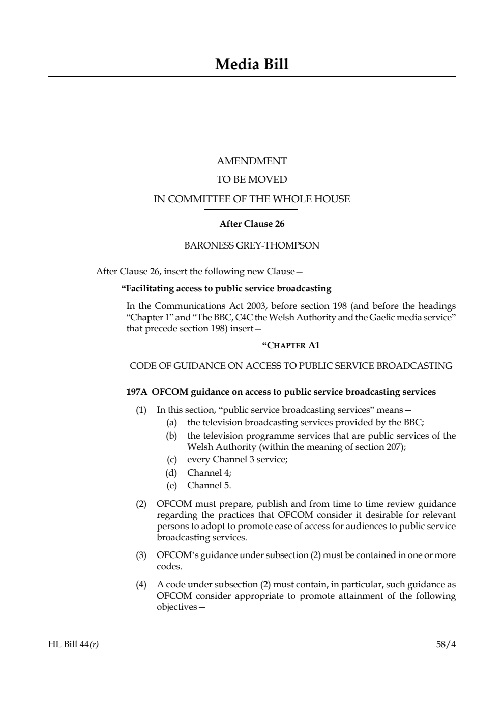 Media Bill Amendment to be moved in Committee of the Whole House