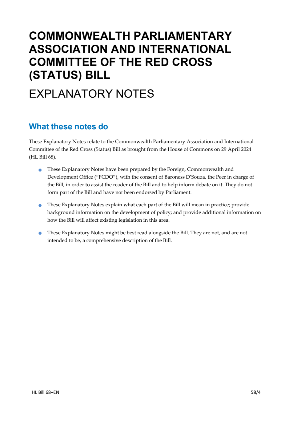 Commonwealth Parliamentary Association and International Committee of the Red Cross (Status) Bill Explanatory Notes