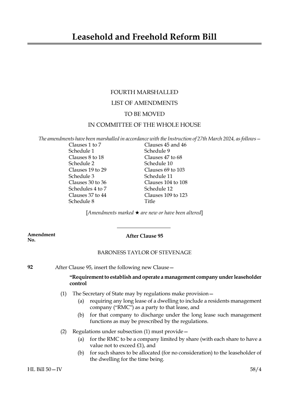 Leasehold and Freehold Reform Bill Fourth Marshalled List of amendments to be moved in Committee of the Whole House