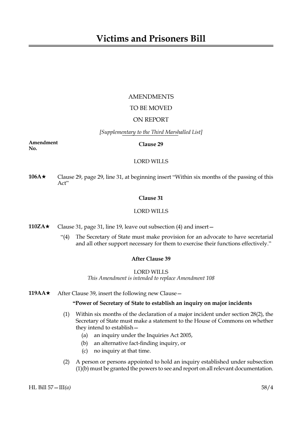 Victims and Prisoners Bill Amendments to be moved on report [Supplementary to the Third Marshalled List]