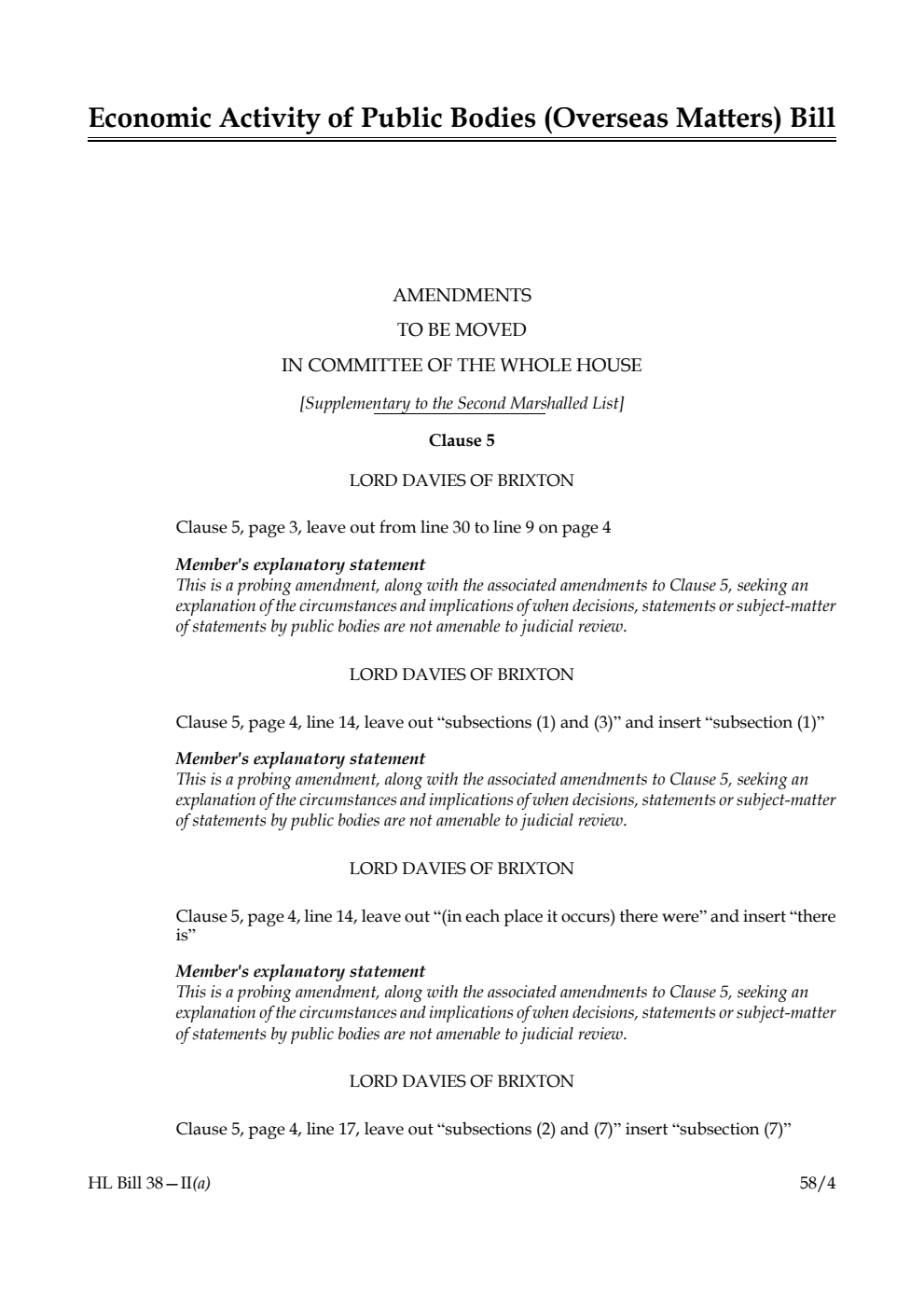 Economic Activity of Public Bodies (Overseas Matters) Bill Amendments to be moved in Committee of the Whole House [Supplementary to the Second Marshalled List] 