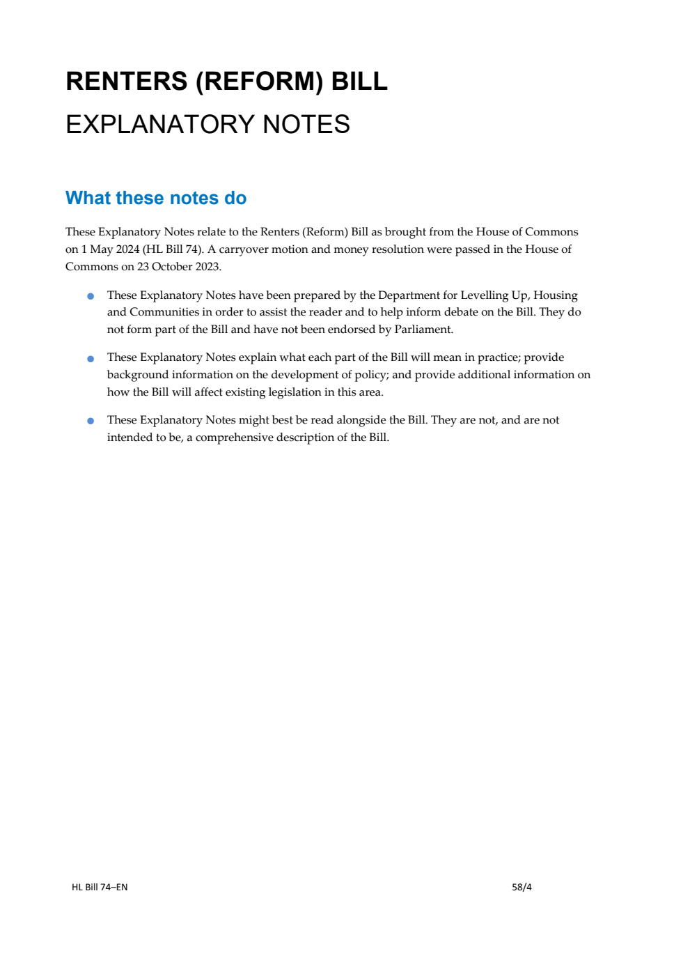 Renters (Reform) Bill Explanatory Notes