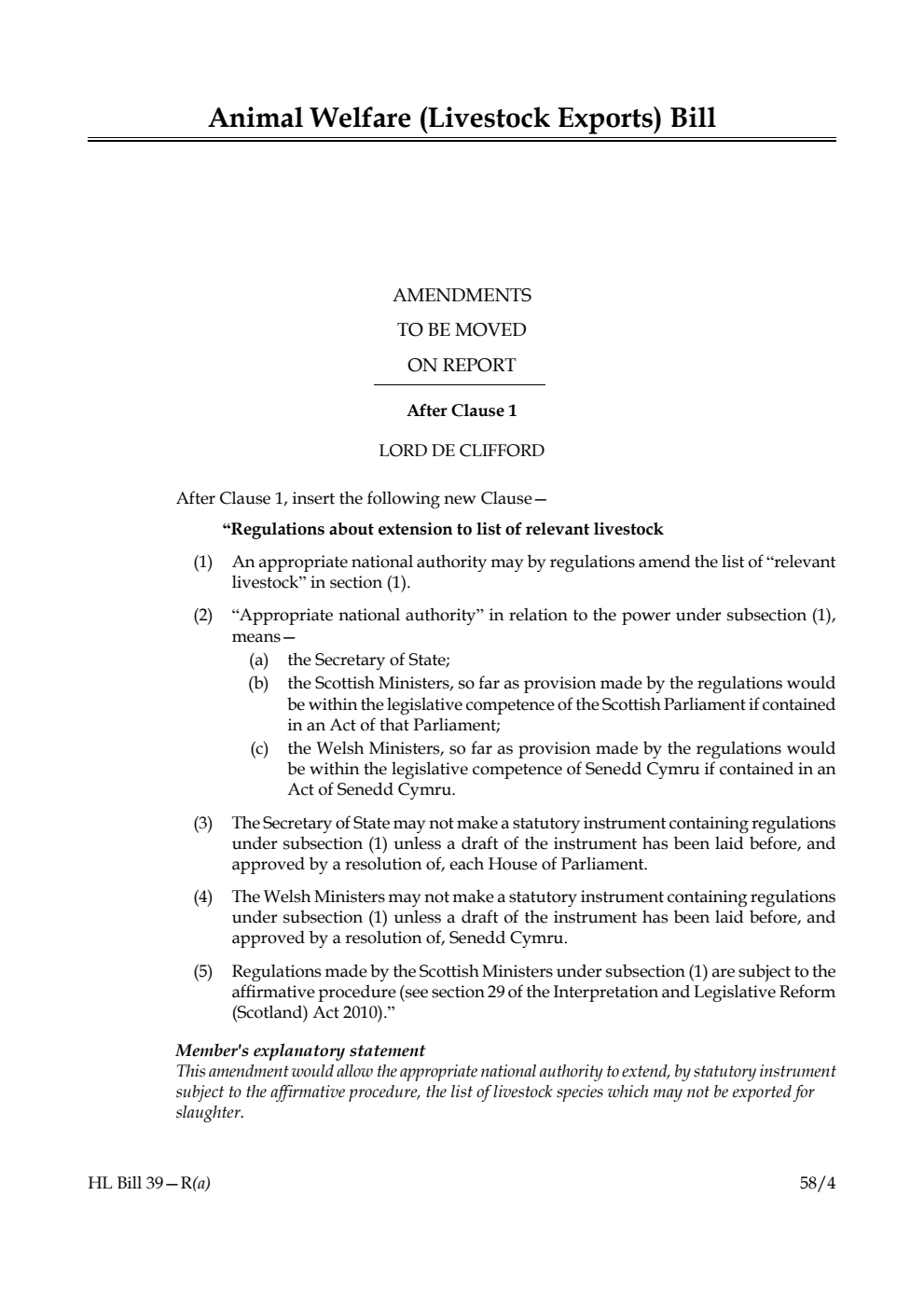 Animal Welfare (Livestock Exports) Bill Amendments to be moved on report