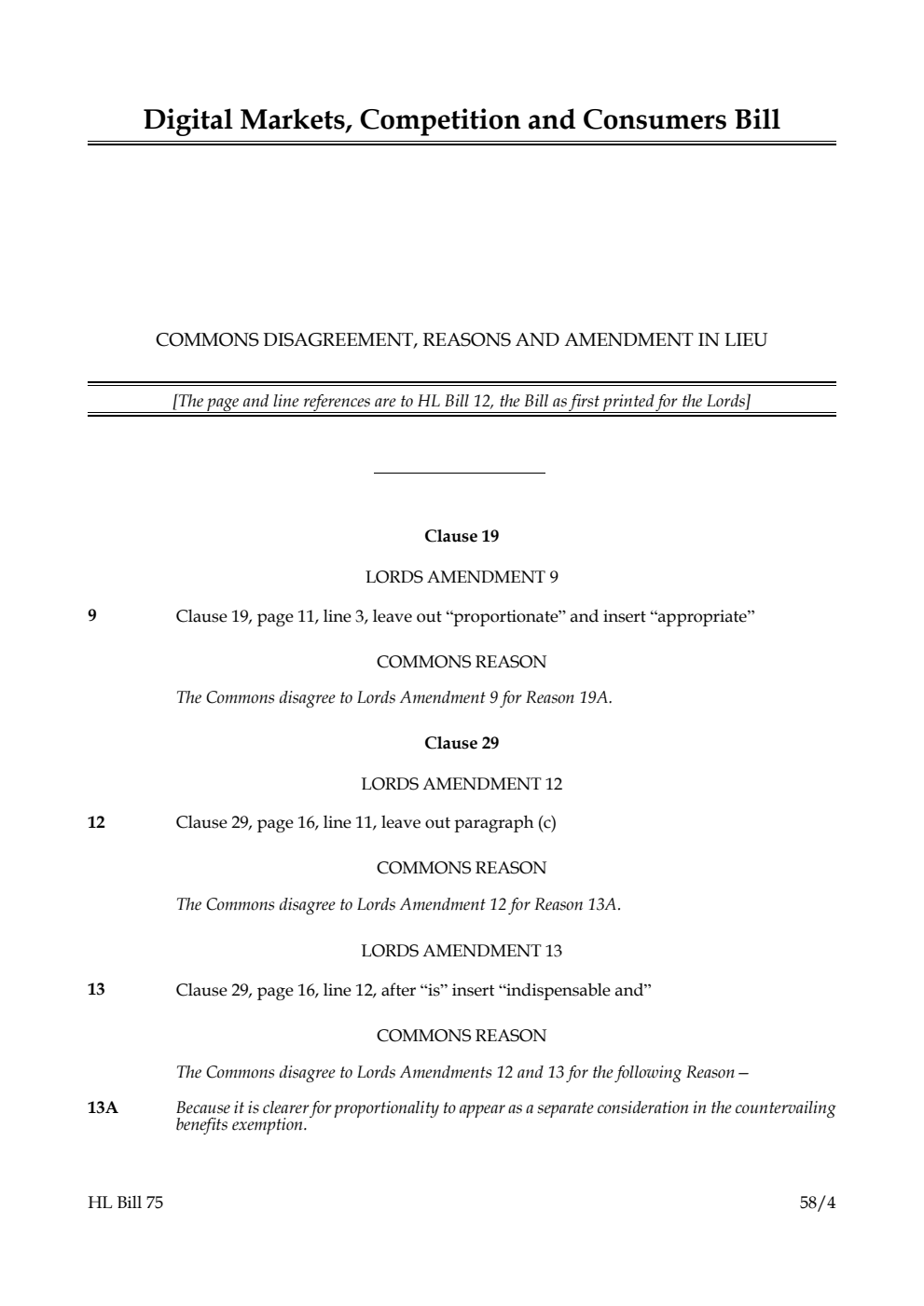 Digital Markets, Competition and Consumers Bill Commons disagreement, reasons and amendment in lieu