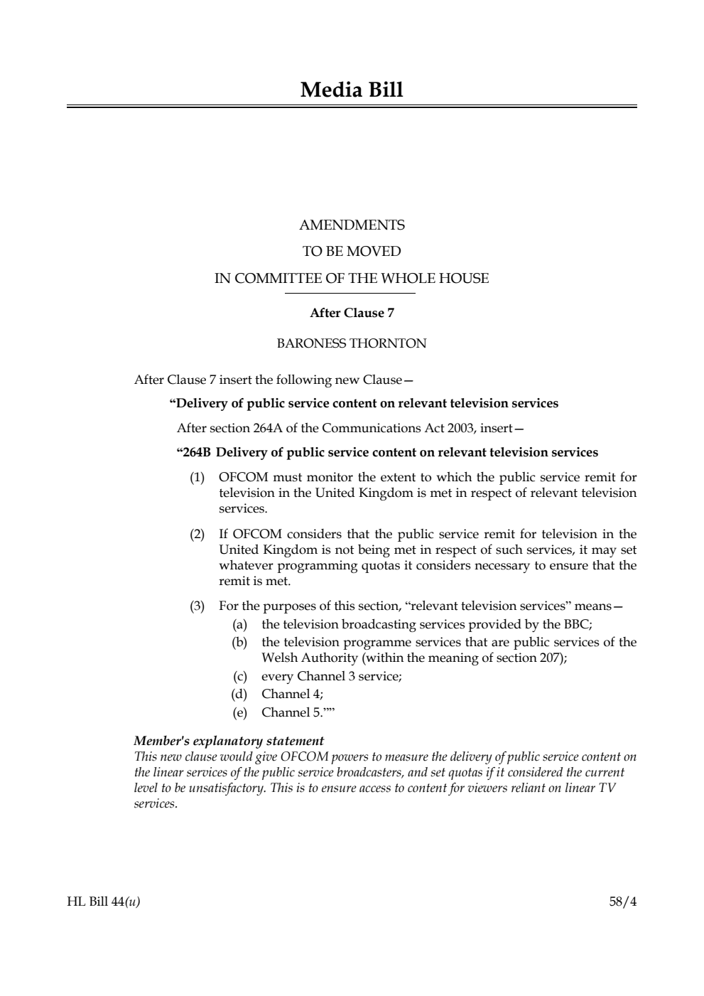 Media Bill Amendments to be moved in Committee of the Whole House