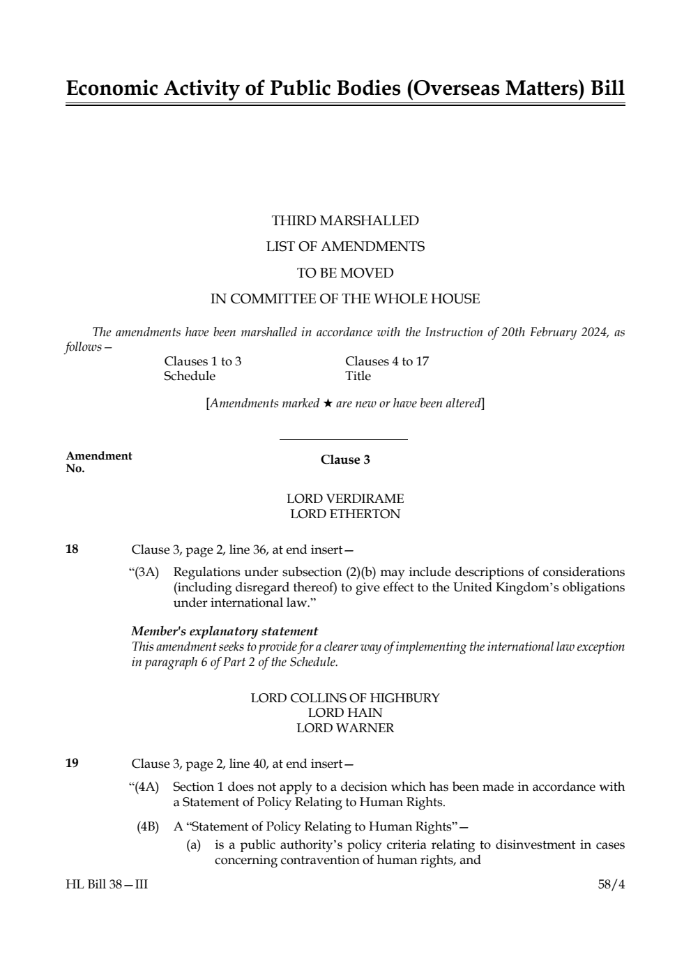 Economic Activity of Public Bodies (Overseas Matters) Bill Third Marshalled List of amendments to be moved in Committee of the Whole House