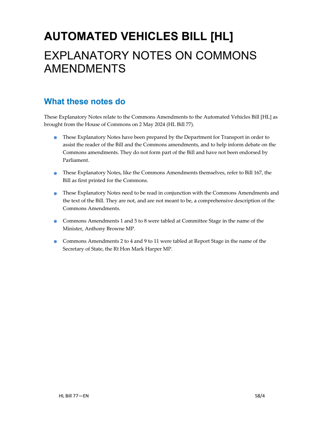 Automated Vehicles Bill Explanatory Notes on Commons amendments