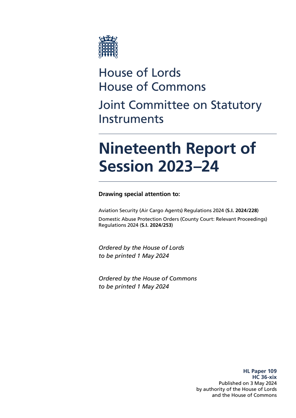 Joint Committee on Statutory Instruments 19th Report of Session 2023-24