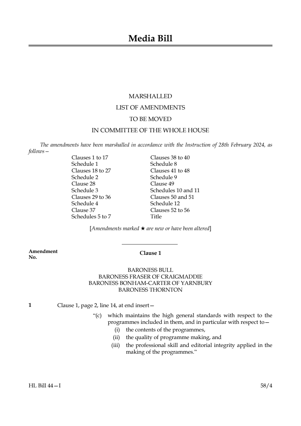 Media Bill Marshalled List of amendments to be moved in Committee of the Whole House