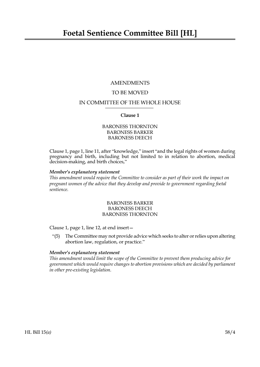 Foetal Sentience Committee Bill Amendments to be moved in Committee of the Whole House