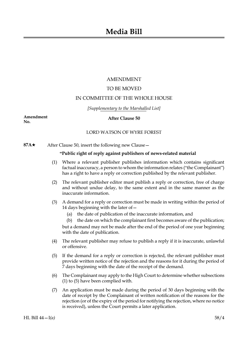 Media Bill Amendment to be moved in Committee of the Whole House [Supplementary to the Marshalled List]