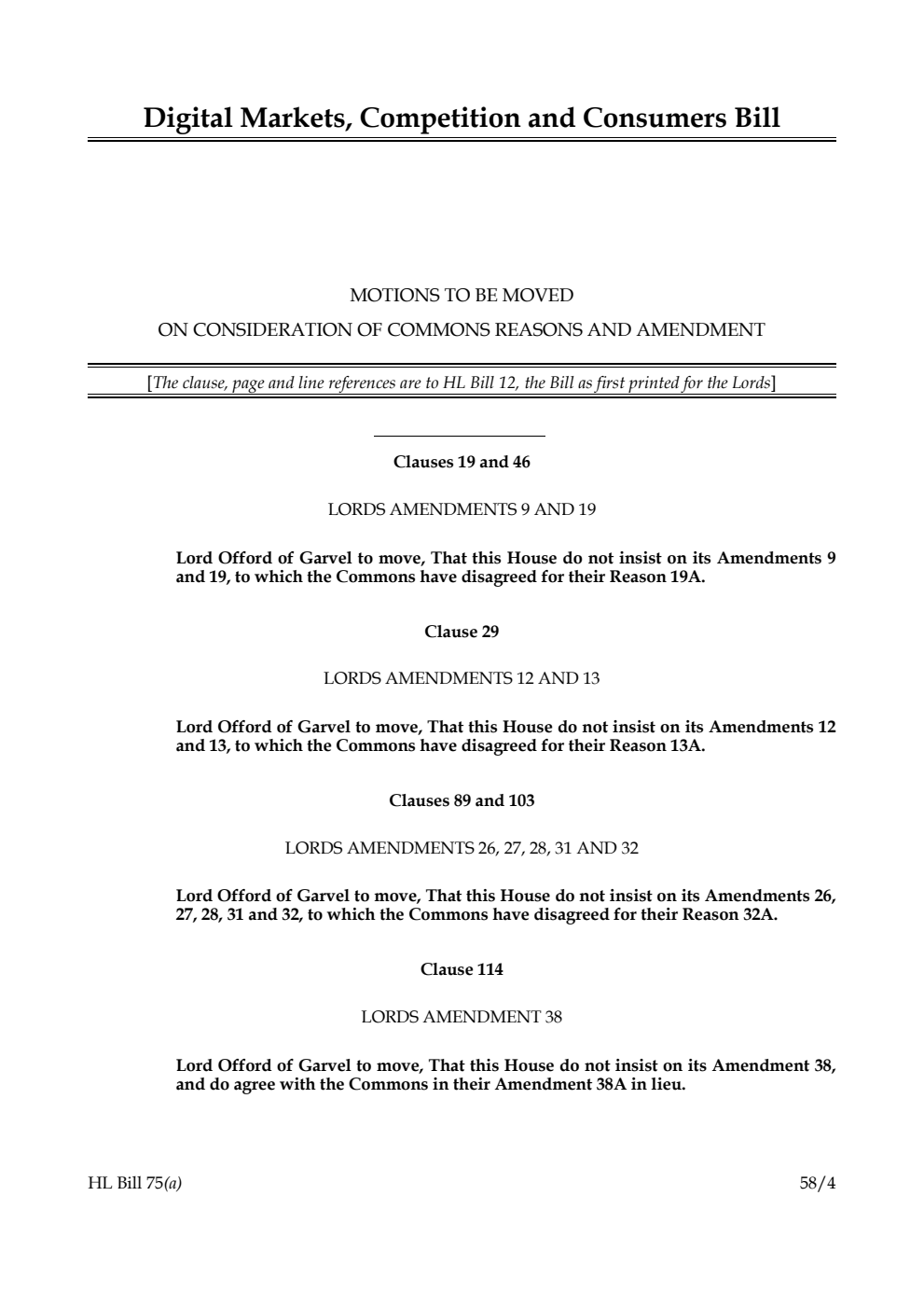 Digital Markets, Competition and Consumers Bill Motions to be moved on consideration of Commons reasons and amendment