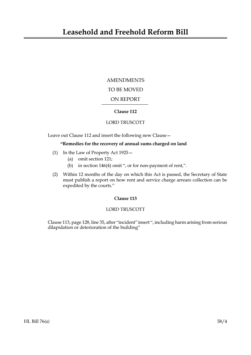 Leasehold and Freehold Reform Bill Amendments to be moved on report