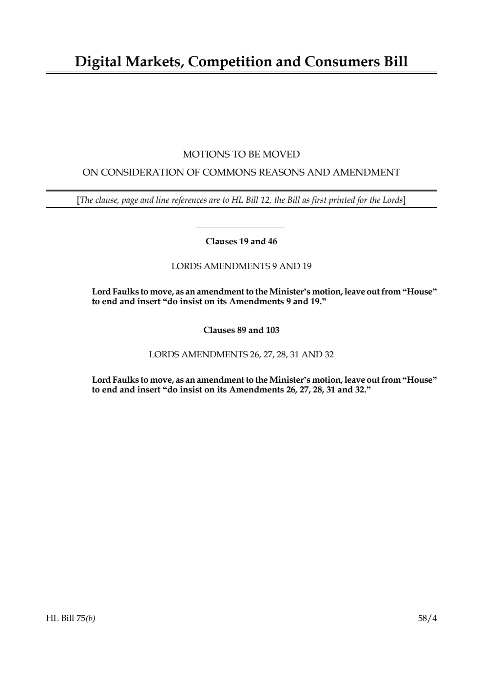 Digital Markets, Competition and Consumers Bill Motions to be moved on consideration of Commons reasons and amendment