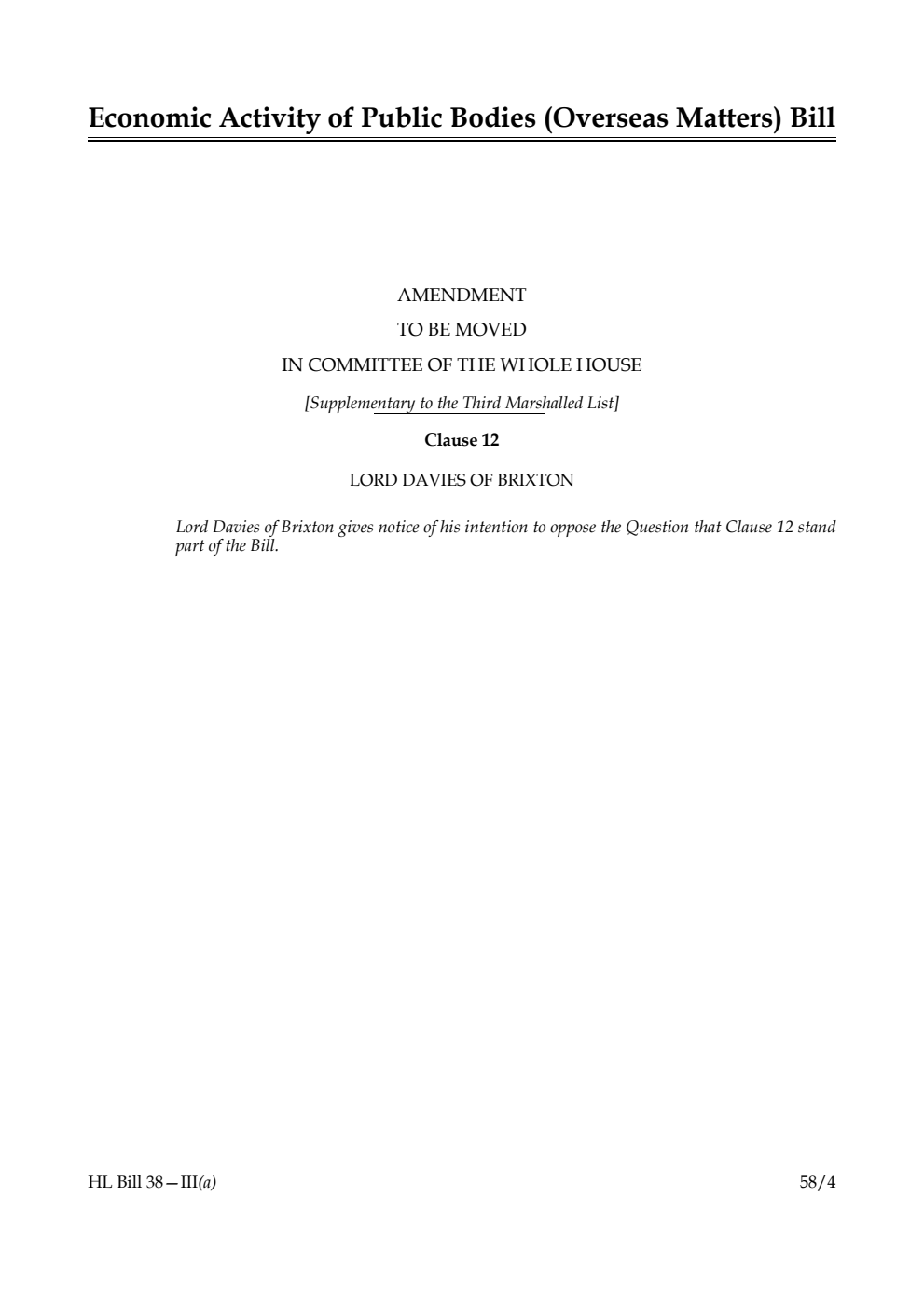 Economic Activity of Public Bodies (Overseas Matters) Bill Amendment to be moved in Committee of the Whole House [Supplementary to the Third Marshalled List] 