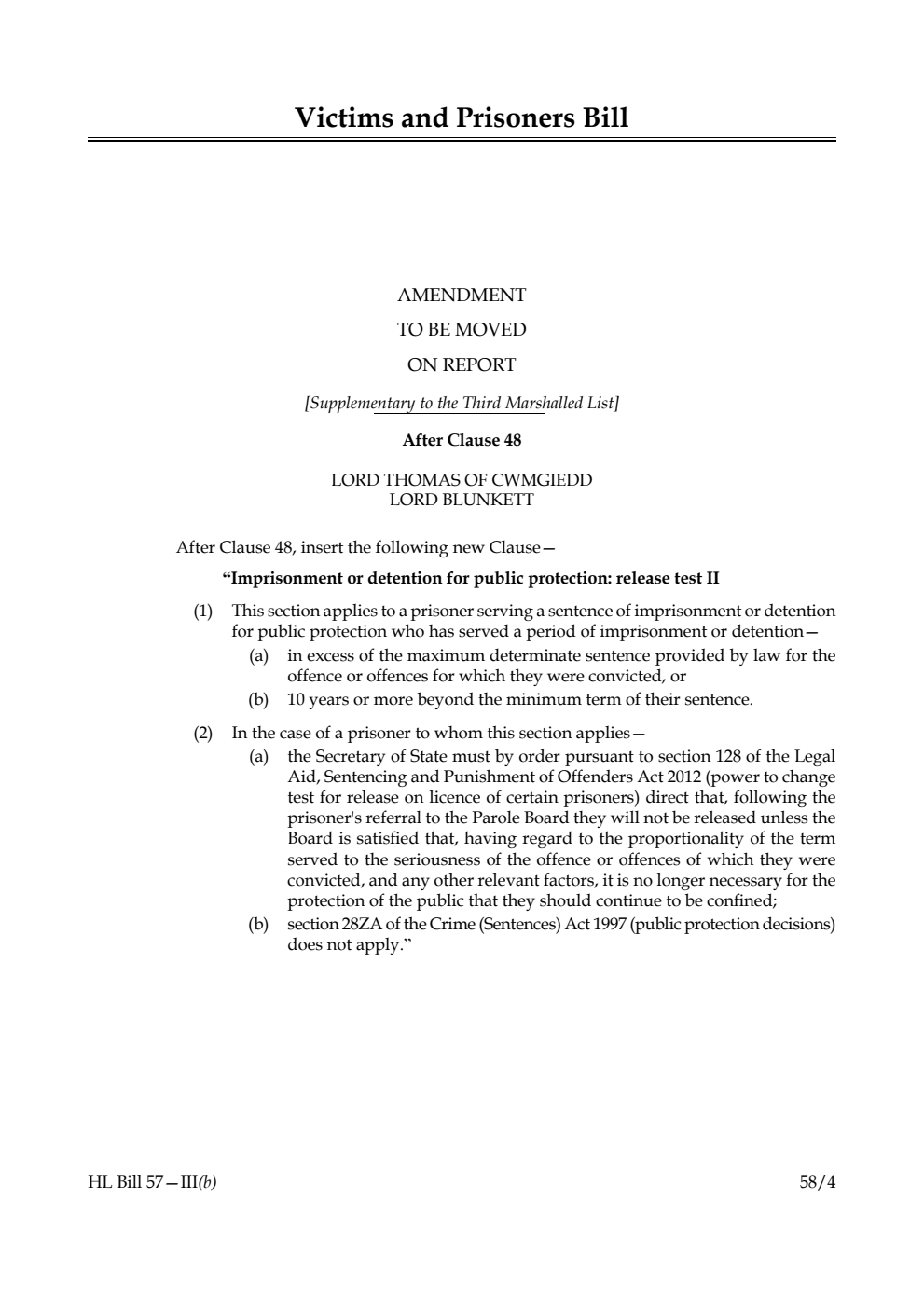Victims and Prisoners Bill Amendment to be moved on report [Supplementary to the Third Marshalled List]