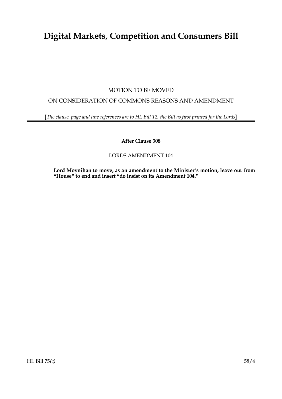 Digital Markets, Competition and Consumers Bill Motion to be moved on consideration of Commons reasons and amendment