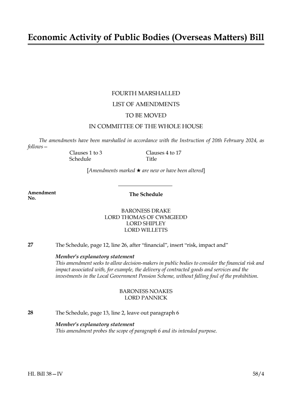 Economic Activity of Public Bodies (Overseas Matters) Bill Fourth Marshalled List of amendments to be moved in Committee of the Whole House