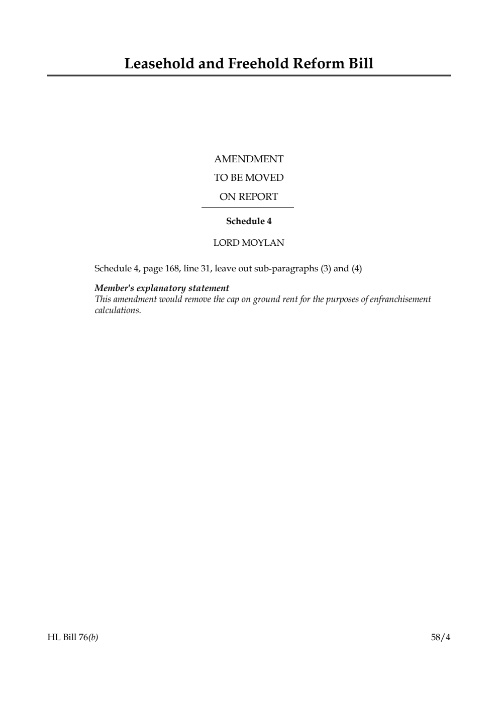 Leasehold and Freehold Reform Bill Amendment to be moved on report