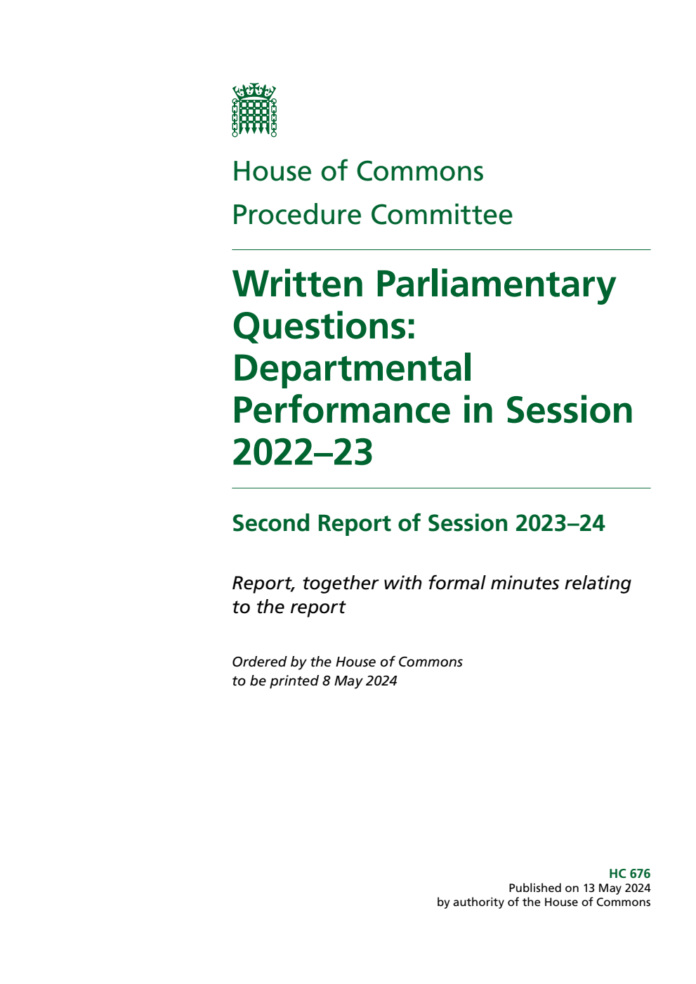Procedure Committee 2nd Report. Written Parliamentary Questions: Departmental Performance in Session 2022–23