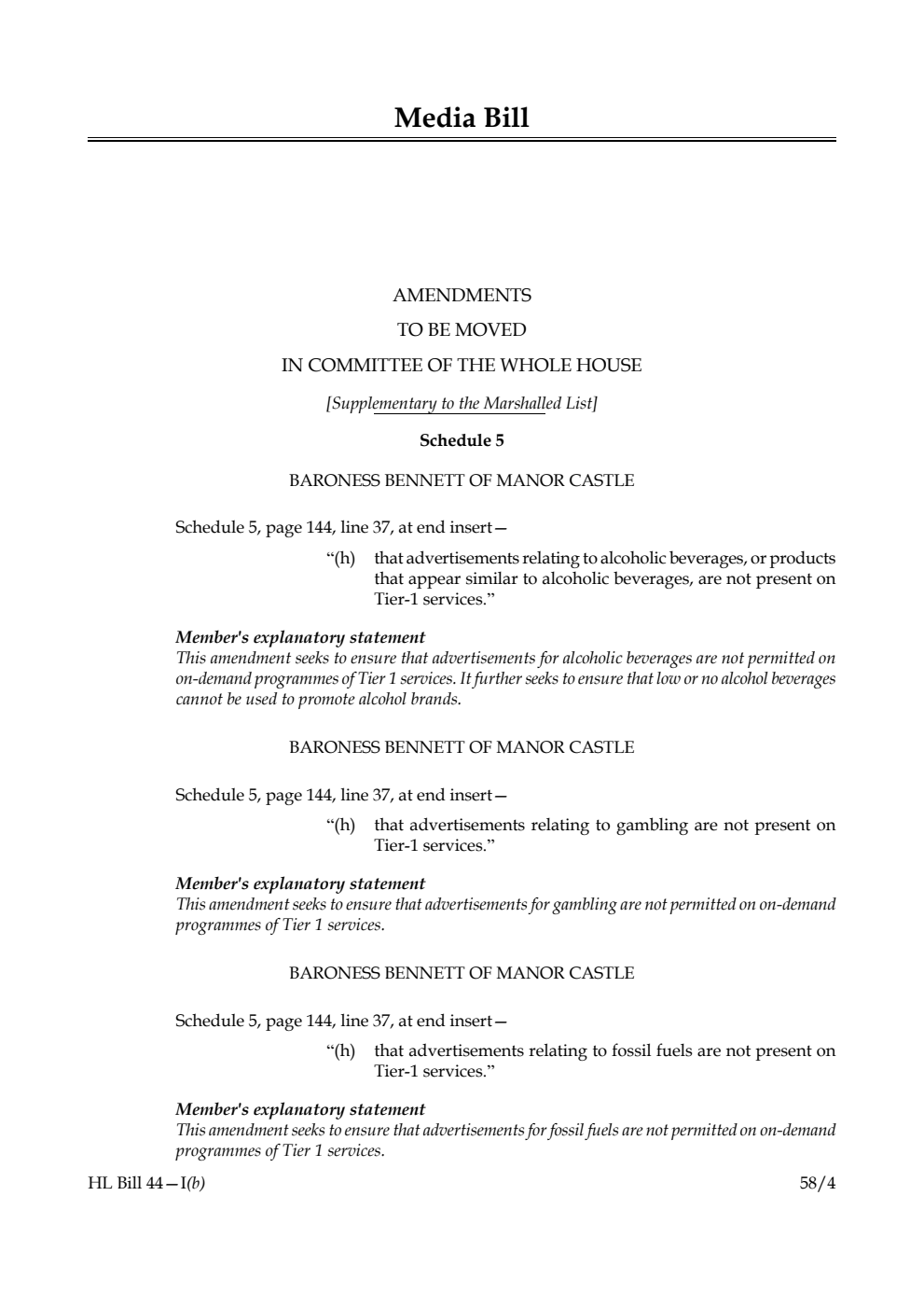Media Bill Amendments to be moved in Committee of the Whole House [Supplementary to the Marshalled List]