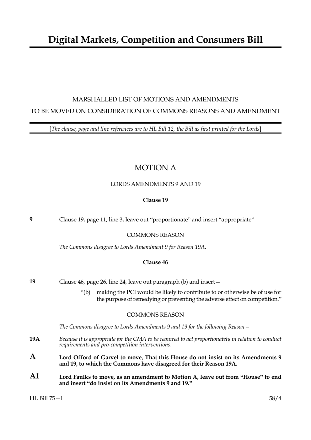 Digital Markets, Competition and Consumers Bill Marshalled List of motions and amendments to be moved on consideration of Commons reasons and amendment
