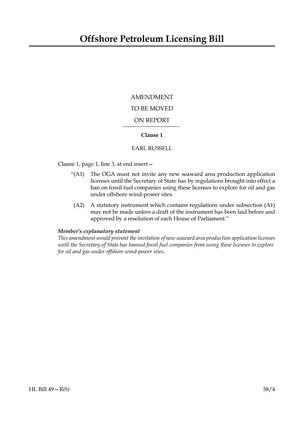Offshore Petroleum Licensing Bill Amendment to be moved on report