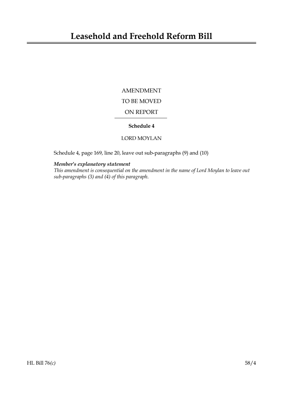 Leasehold and Freehold Reform Bill Amendment to be moved on report