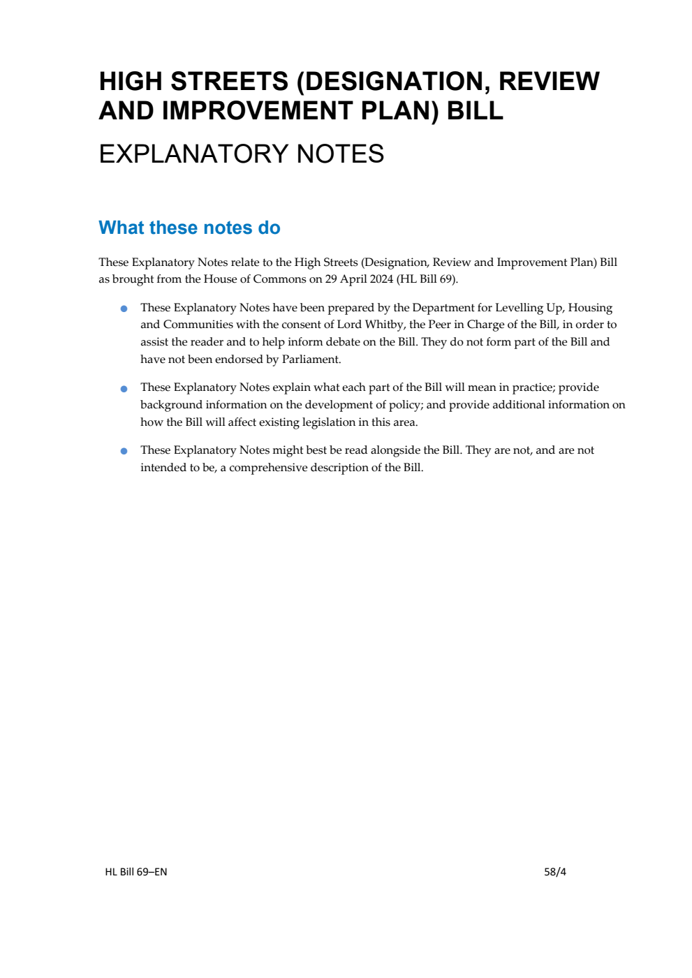 High Streets (Designation, Review and Improvement Plan) Bill Explanatory Notes