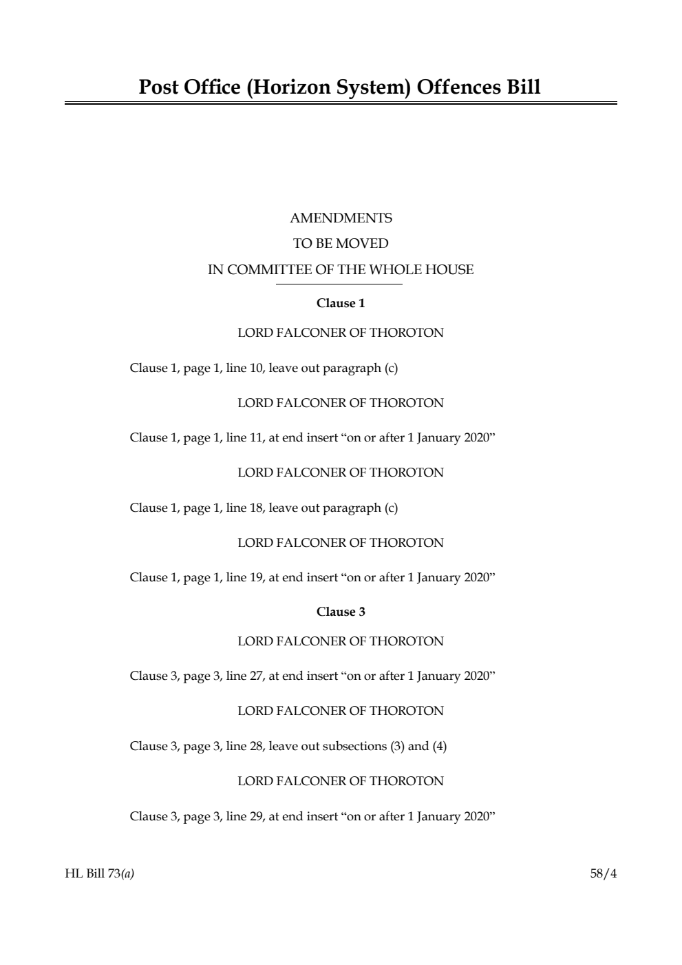 Post Office (Horizon System) Offences Bill Amendments to be moved in Committee of the Whole House