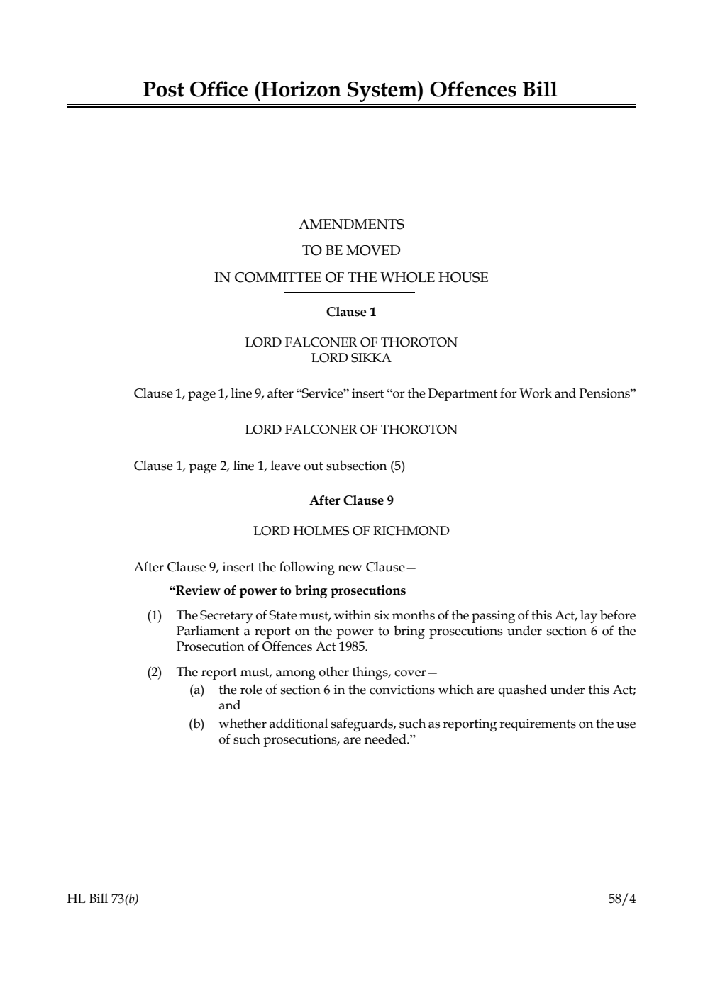 Post Office (Horizon System) Offences Bill Amendments to be moved in Committee of the Whole House