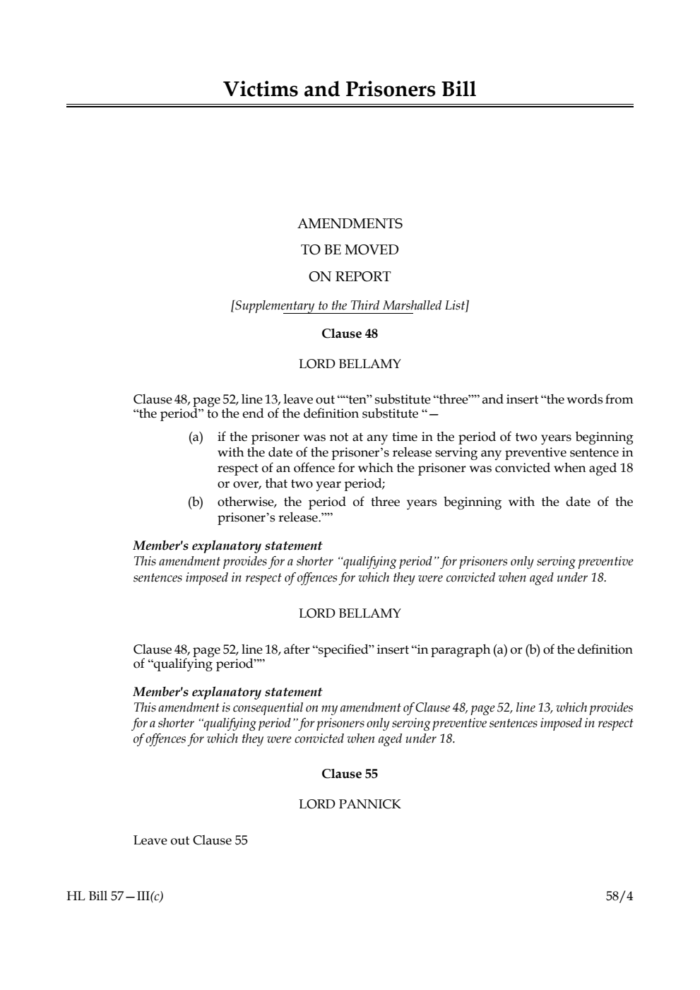Victims and Prisoners Bill Amendments to be moved on report [Supplementary to the Third Marshalled List]